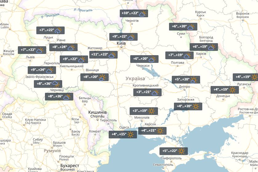 В Украине сегодня 27 апреля 2017 года без осадков на западе потеплеет до плюс 26 градусов карта
